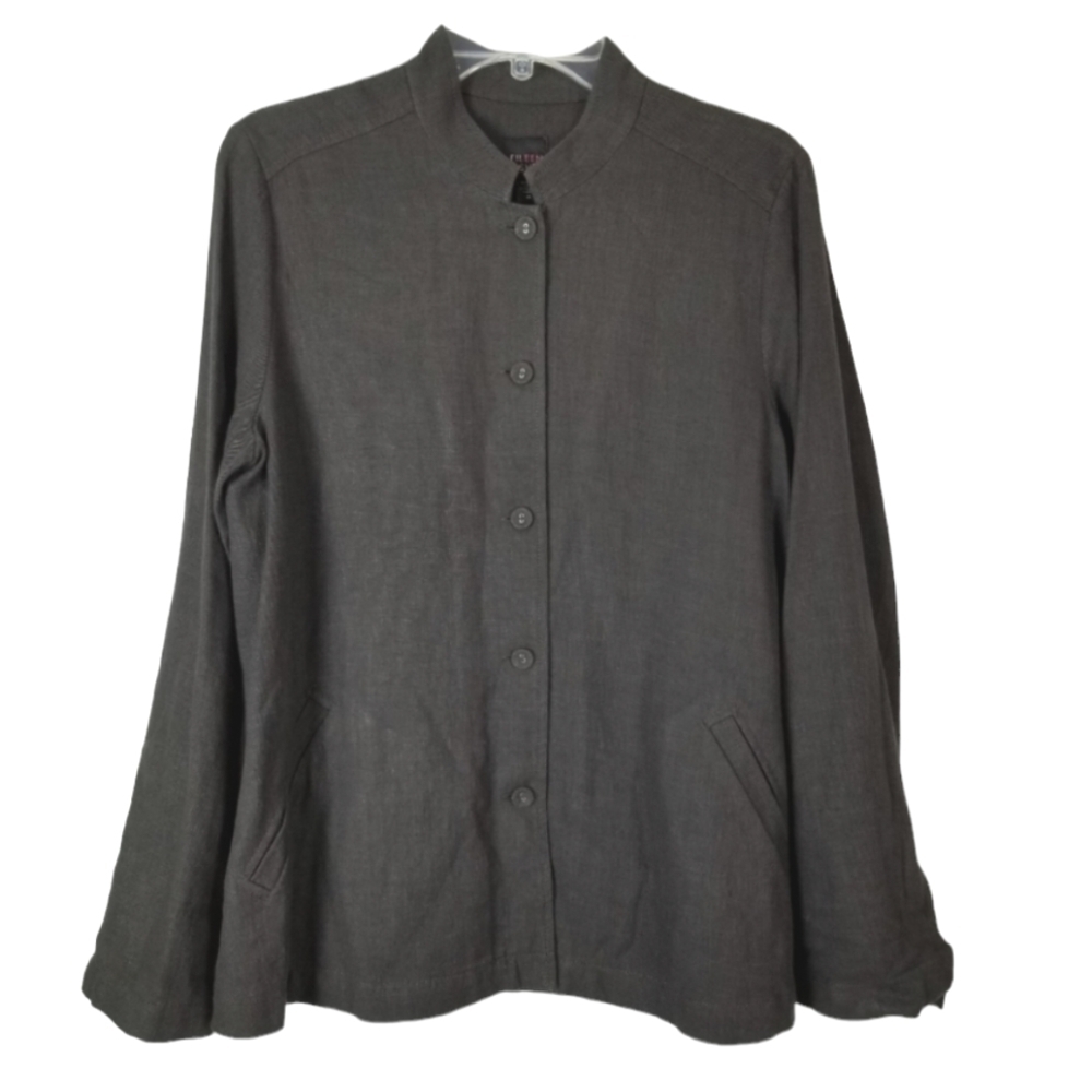 Eileen Fisher Linen Wool Blend Button Jacket Mandarin Collar Size Medium Brown